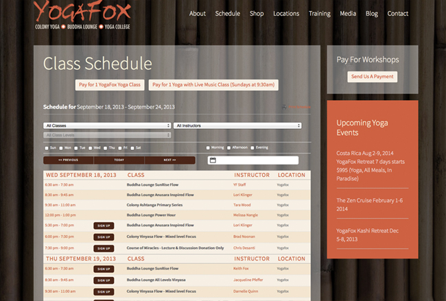 YogaFox's Schedule using Healcode's MindBody Solution